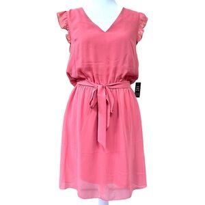 EXPRESS Flutter Sleeve Summer Dress Pink Coral ALine Ruffle VNeck Tie Waist Sz S